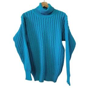 Vintage 90's Y2K Teal/Turquoise Blue Cable Knit Turtle Net Pullover Sweater M